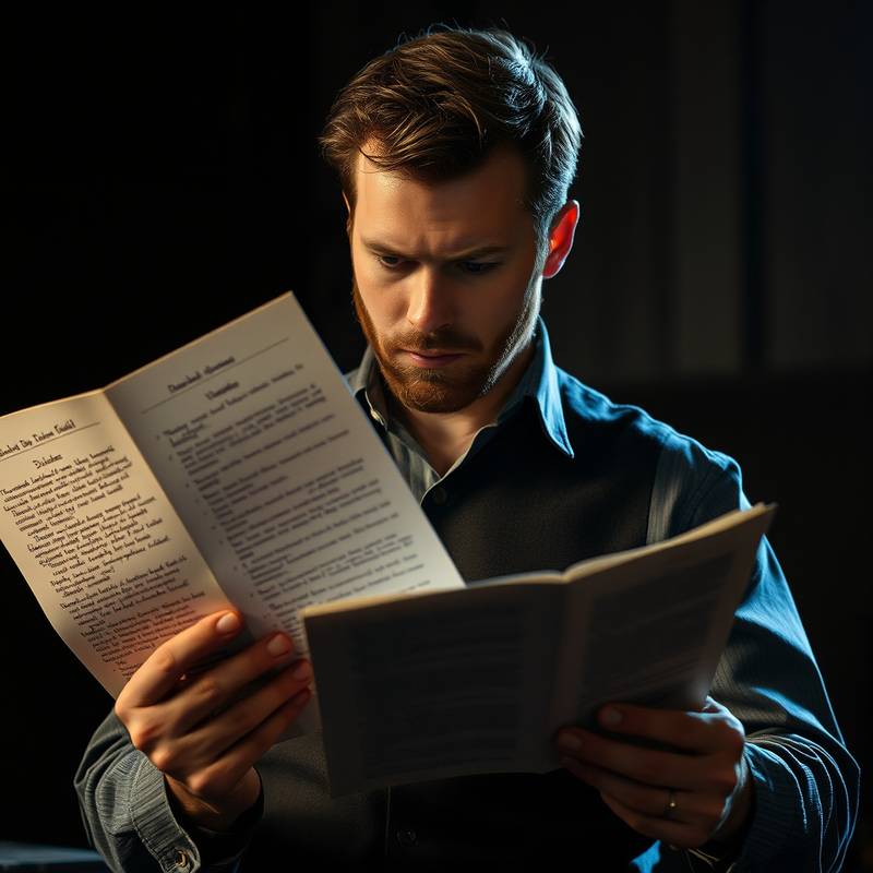 Een acteur die een script bestudeert met markeringen en aantekeningen, geconcentreerd en verdiept in het materiaal.