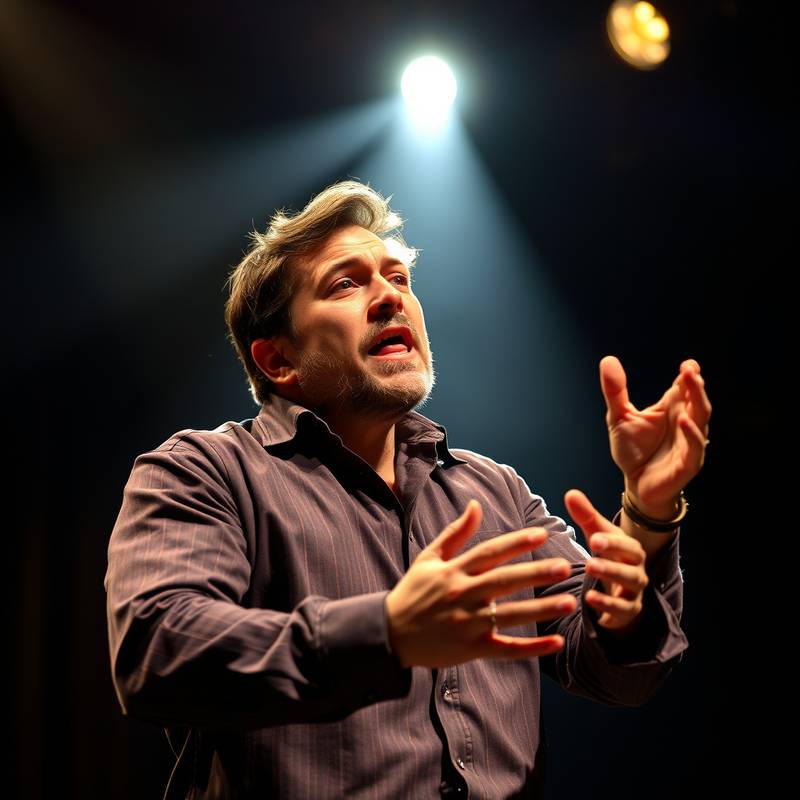 Een acteur die met passie een monoloog op een podium uitvoert, met krachtige gezichtsuitdrukkingen en lichaamstaal.