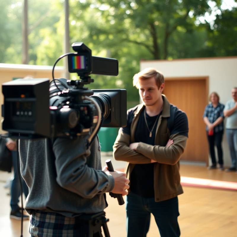 Een acteur die voor een camera staat tijdens een opname.