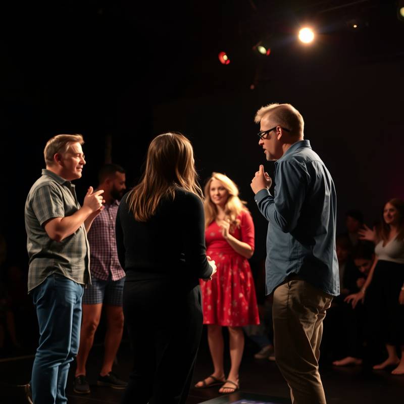 Foto van een groep acteurs tijdens een improvisatie-oefening.