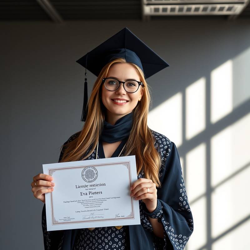 Foto van Eva Pieters, een studente die trots haar certificaat vasthoudt.