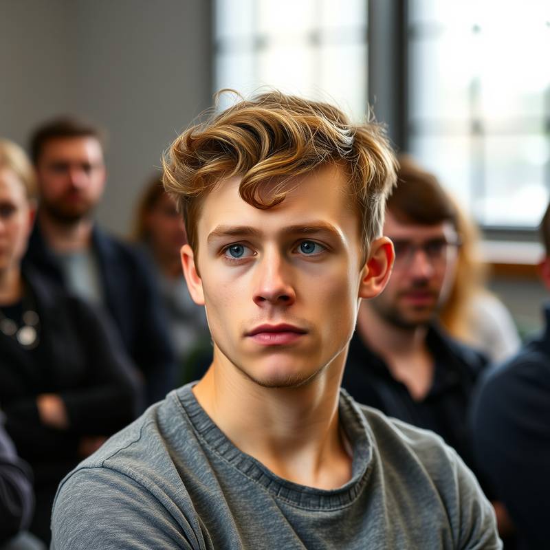Foto van Lucas de Jong, een serieuze student tijdens een acteerles.