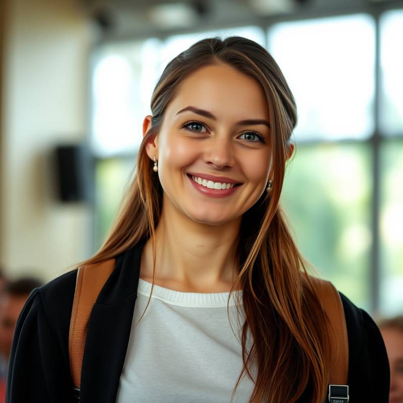 Foto van Maria Koster, een zelfverzekerde studente die op het podium staat.