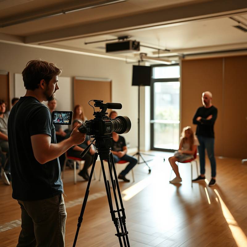 Foto van Tom de Vries, een student die aan het filmen is tijdens de les acteren voor camera.