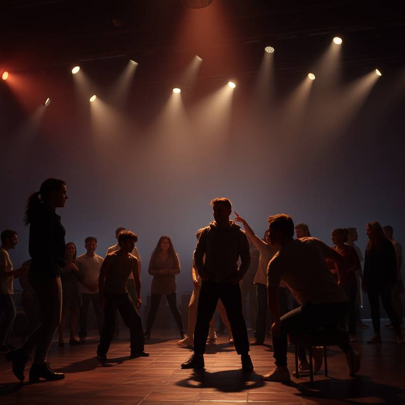 Groep acteurs die samenwerken aan een choreografie.