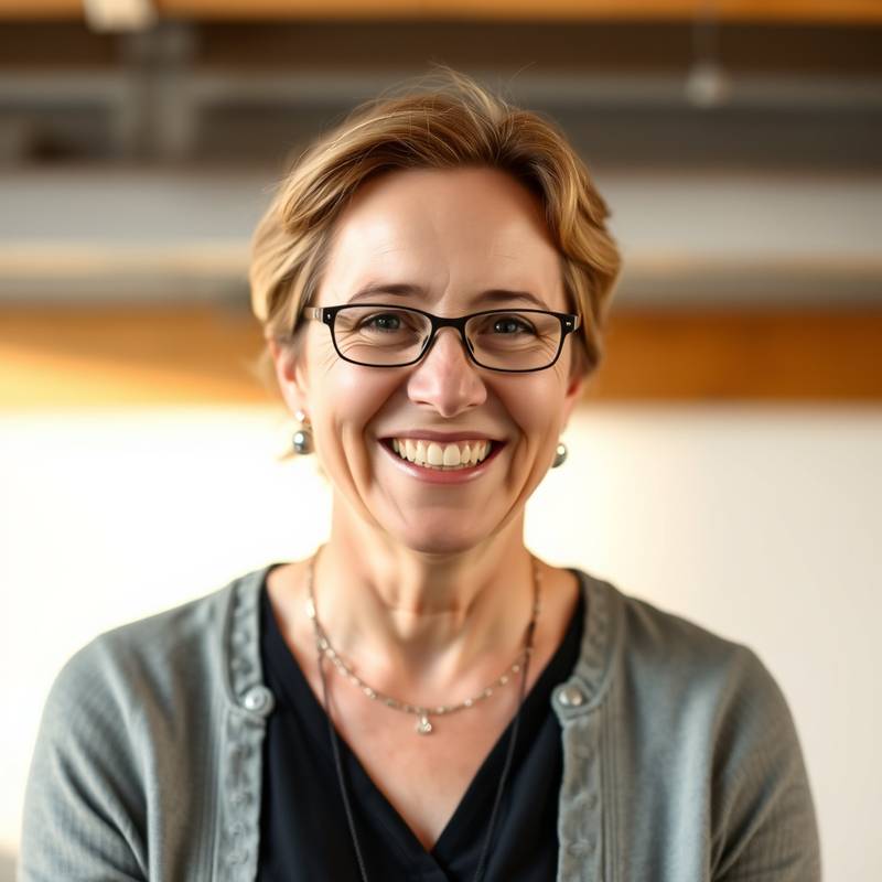 Portretfoto van Anne de Vries, een enthousiaste toneeldocente met een warme glimlach.