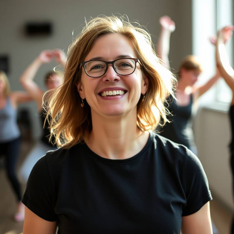 Portretfoto van Lieke Smit, een energieke en creatieve toneeldocente met een achtergrond in dans en bewegingstheater.