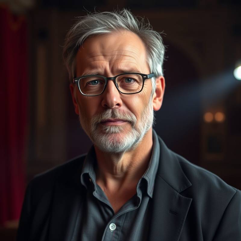 Portretfoto van Pieter Jansen, een serieuze en deskundige toneeldocent met een achtergrond in klassiek theater.